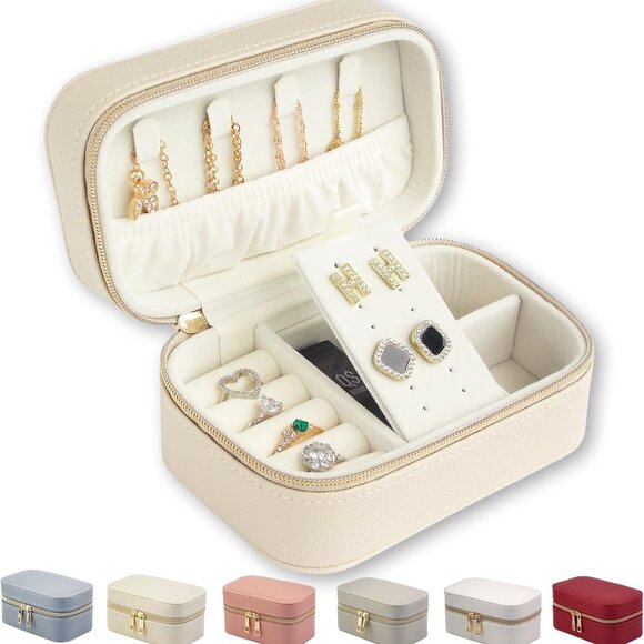 Jewelry - Small Travel Jewelry Case With PU Leather, Sturdy And Smooth Gold Metal Zipper,